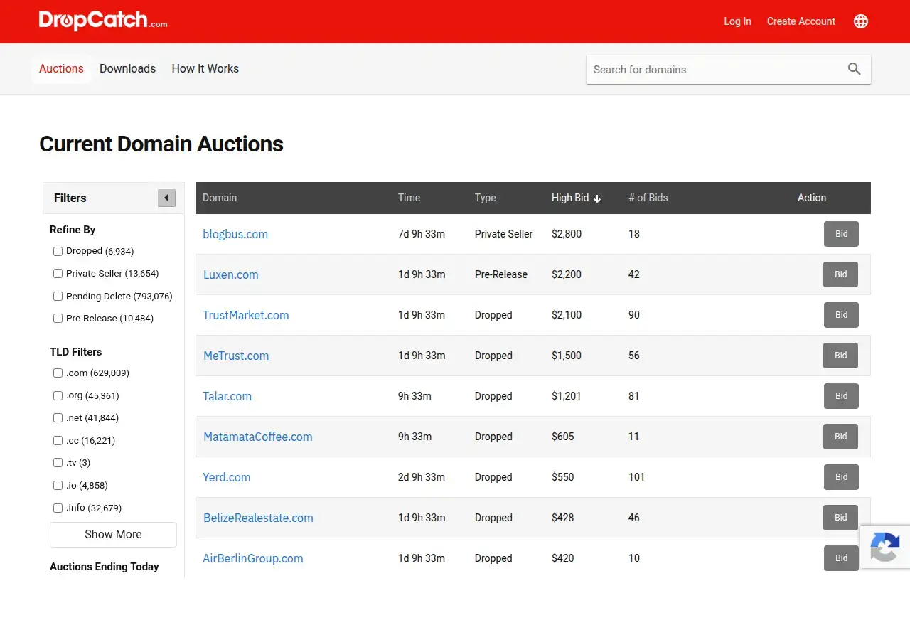 DropCatch current auctions page: a live table of domains with real bids, Dropped and Pre-Release type labels, and a TLD sidebar counting hundreds of thousands of pending-delete .com names